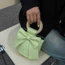 Sweet Bow Tie Mini Leather Bucket Crossbody Bag Women Round Wooden Handle Purse