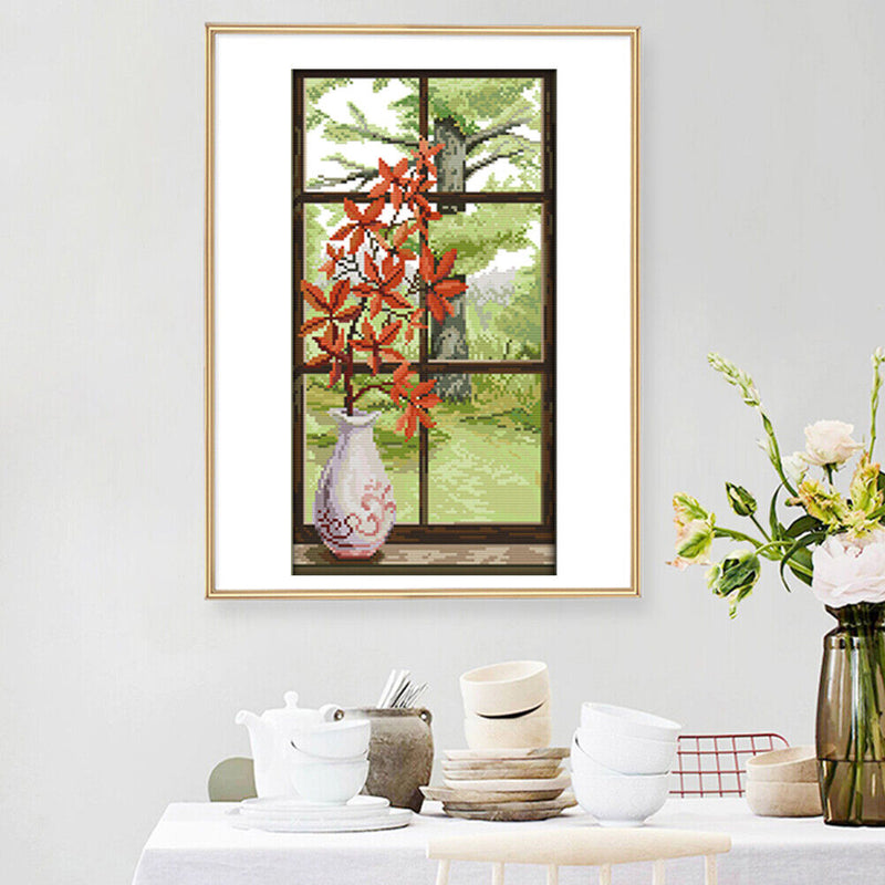 Partial Cross Stitch Cotton Needlework Kit Printed Red Leaves Decor Handicraft
