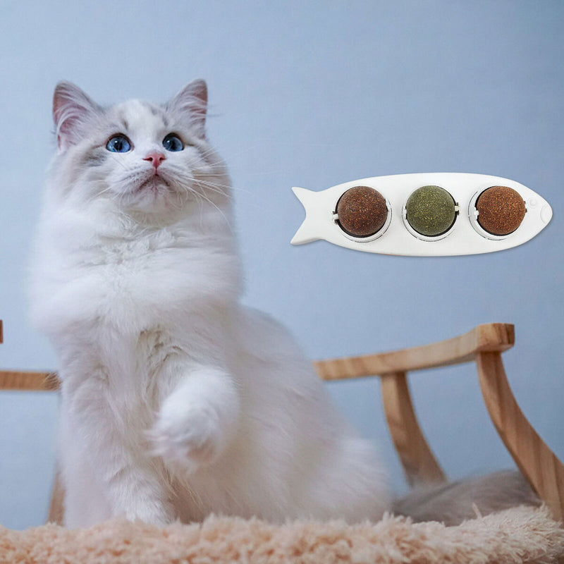 Cat Mint Ball Toys - Edible Cat Toys 3-in-1 Spinning Chewing Balls (White)