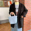 Women Quilted Cotton Padded Top-handle Bag Flower Pattern Satchel (Blue)