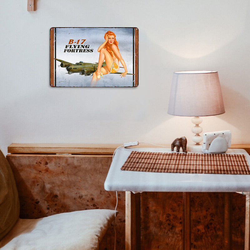 Flying Fortress Girl Metal Sign Plaque Wall Poster Decor for Home Cafe Bar