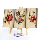 3 Panels Wood Grain Flowers Oil Paint By Numbers Kits DIY Hand Painted Wall Art