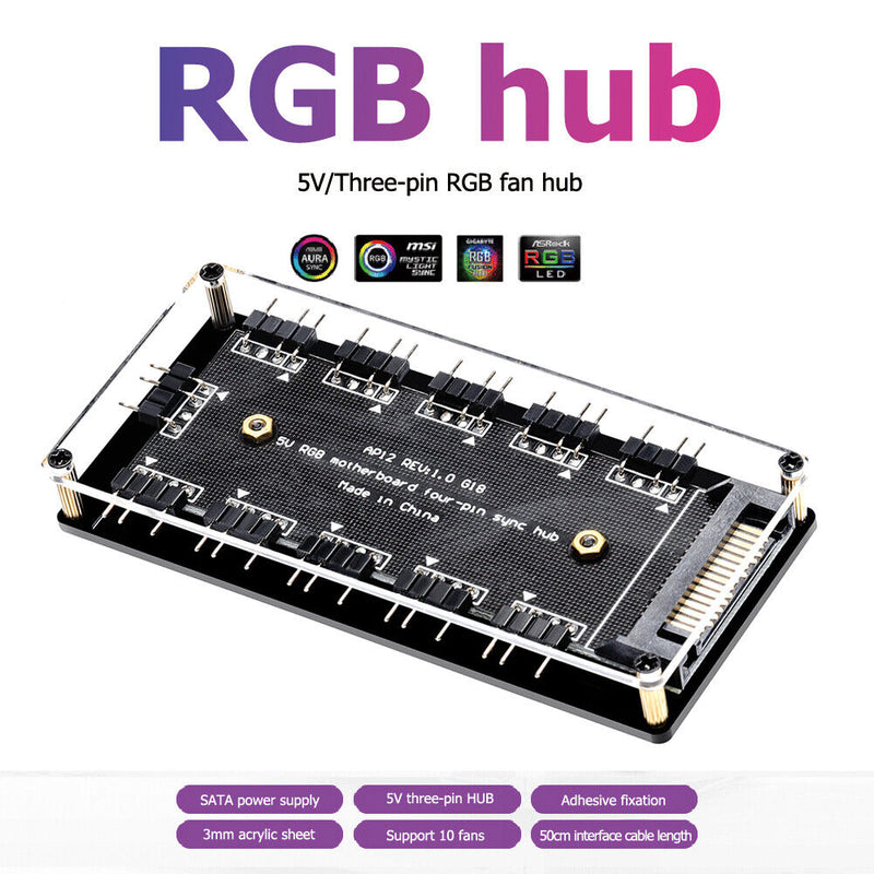 10-Port RGB Fan HUB SATA Power 5V 3PIN ARGB Extension Splitter for Gigabyte MSI