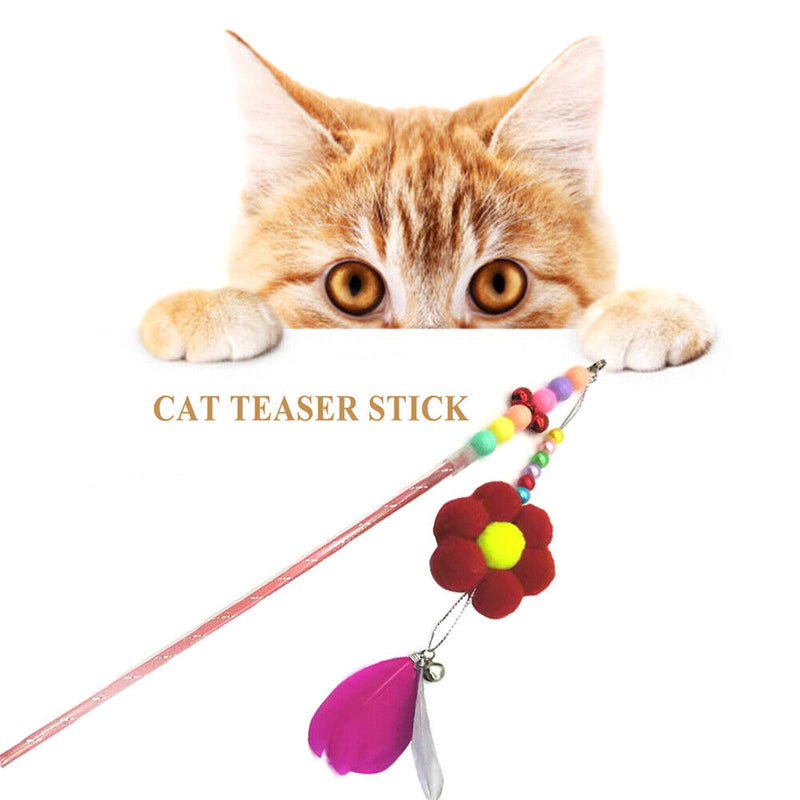 Feather Bell Flower Chaser Wand Fun Kitten Cat Teaser Rod Interactive Stick T