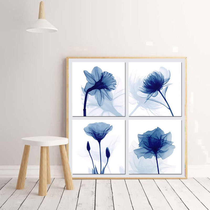 4 Blue Flowers Oil Paint By Numbers DIY Coloring Picture for Adults Child Panels