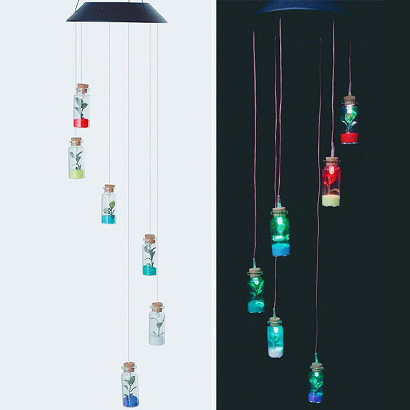 LED Solar Wind Chime Lamp Color Changing Wishing Bottle Hanging Light (A) Newly