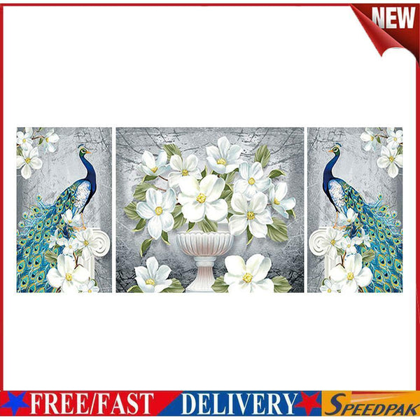 3pcs 5D DIY Full Drill Diamond Painting Peacock Cross Stitch Kit (White) #F