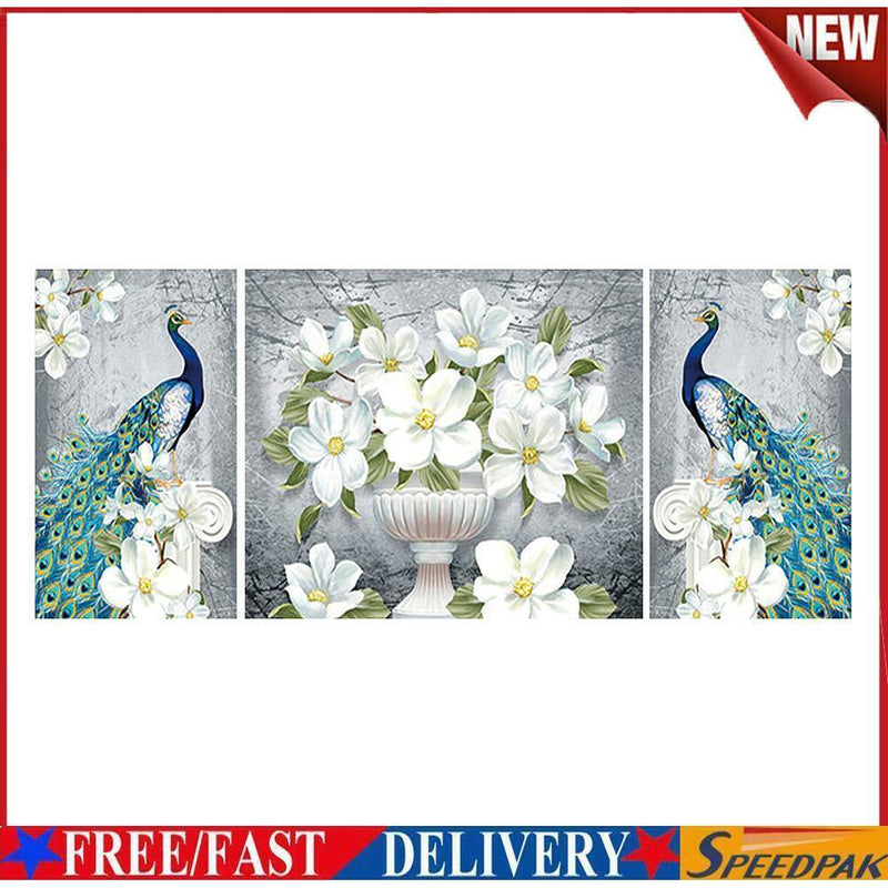 3pcs 5D DIY Full Drill Diamond Painting Peacock Cross Stitch Kit (White)