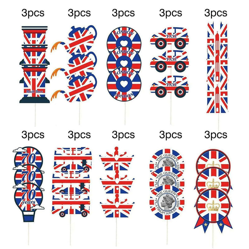 Mix 10 Food & Cupcake Picks Queen Jubilee London Union Decorations Party M8I5