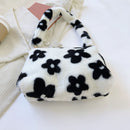 Fashion Flower Print Shoulder Bag Women Winter Plush Small Handbags (Black)