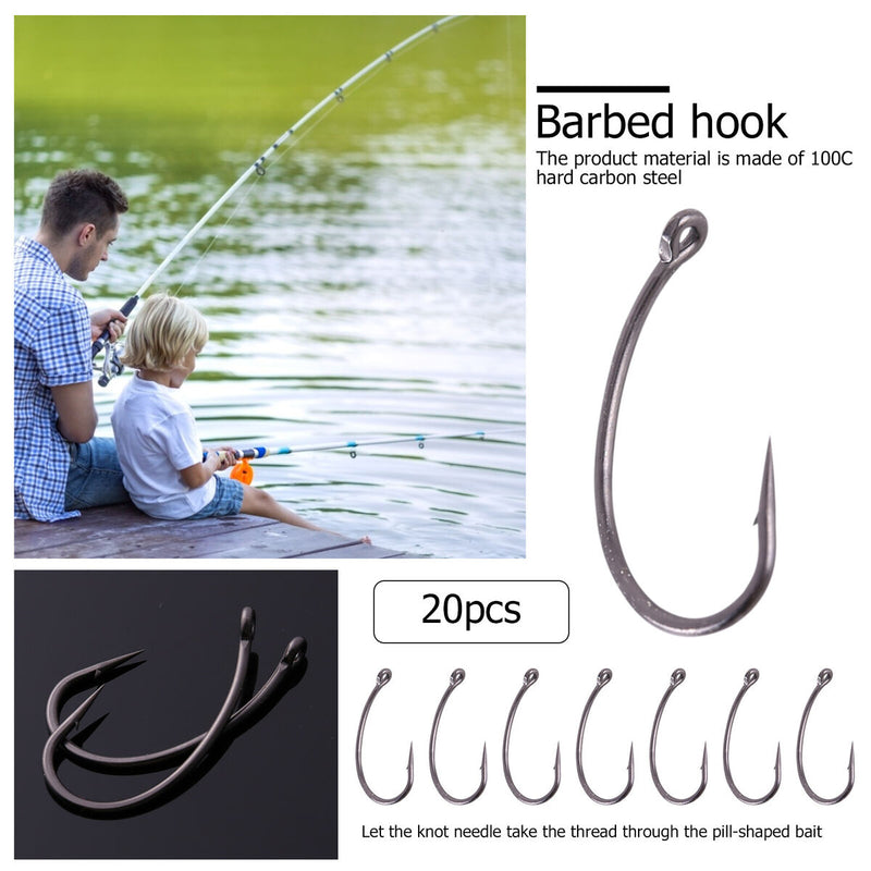 Fishing Hooks Kit, High Carbon Steel Carp Fish Hooks with Sharp Barbs, Set of 20