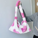 Retro Women Love Print Plush Shoulder Bag Winter Hit Color Handbag (Pink)