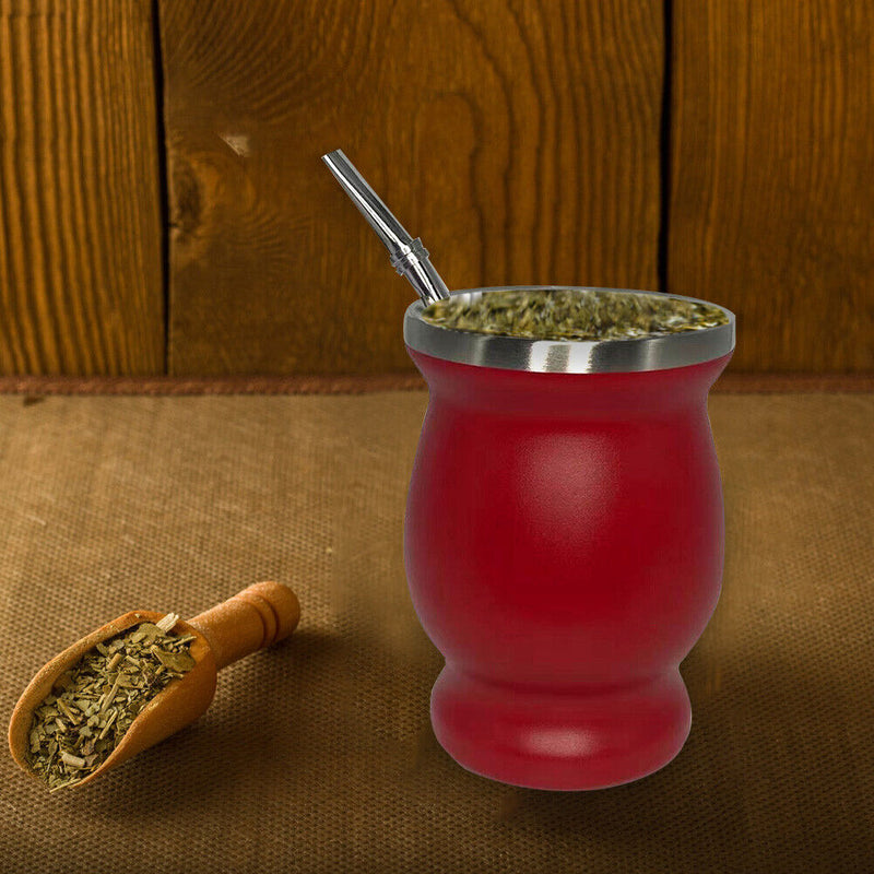 Double Wall Gourd Tea Cup 8oz Stainless Steel Yerba Mate Tea Cup (Red) Newly