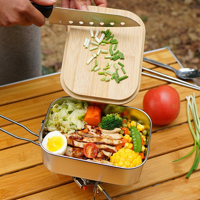 Portable Outdoor Lunch Box Stainless Steel Bamboo Wood Cutting Board Cover Newly