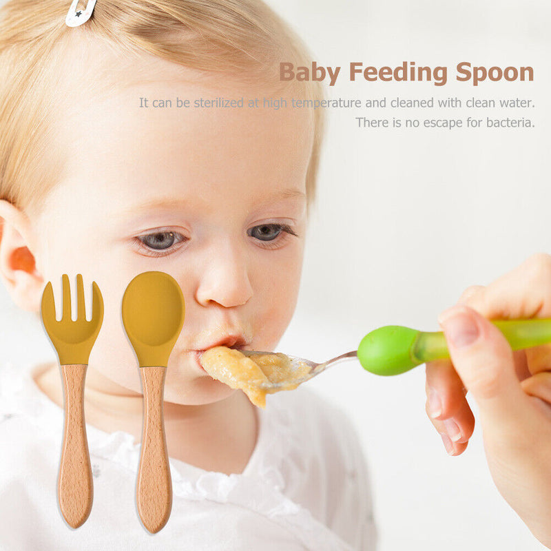 Baby Wooden Silicone Feeding Spoon Toddlers BPA-free Tableware (17) Newly