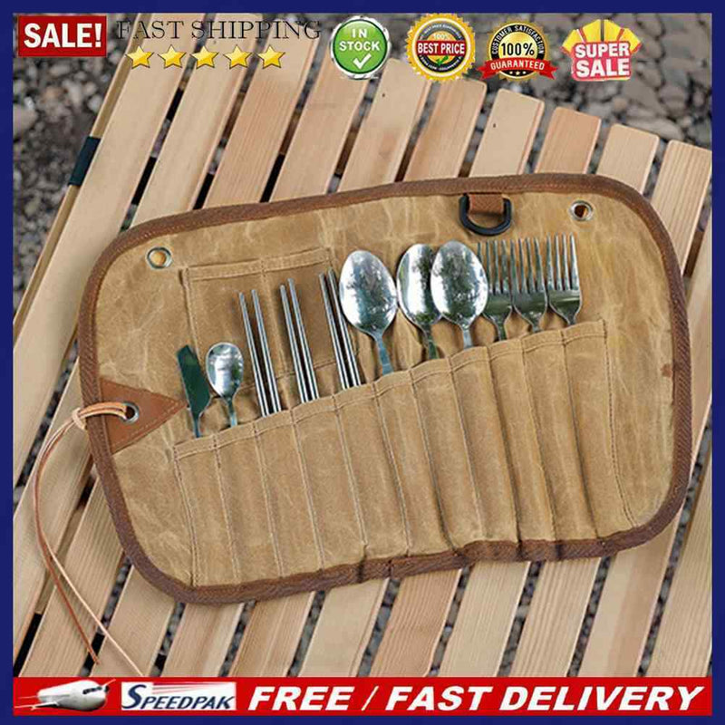 12pcs Outdoor Cutlery Organizers Camping Tableware Storage Bag Roll Picnic Case