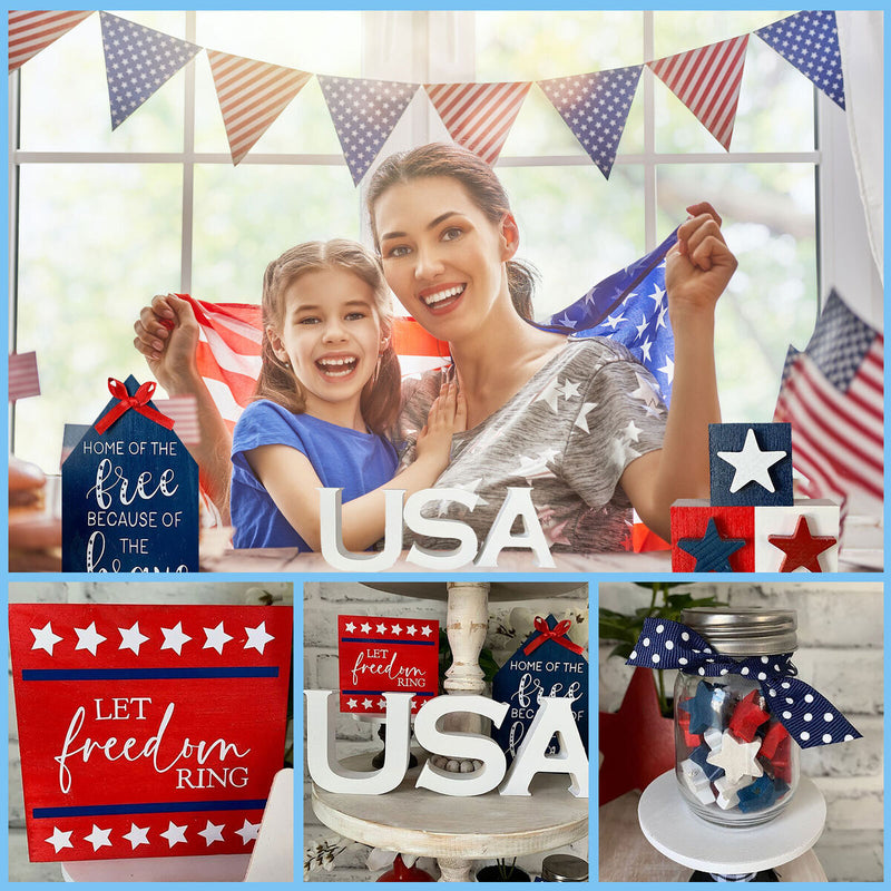 Independence Day Patriotic Ornaments - Blue Red & White Wooden Craft Decor Newly
