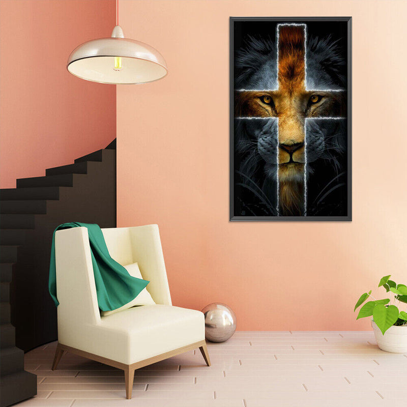 Handmade Cross Lion 5D DIY Full Round Drill Drawing Kit Diamond Painting Artwork