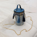 Tassel Shoulder Handbags Leather Weaving Ethnic Women Small Crossbody Bucket Bag