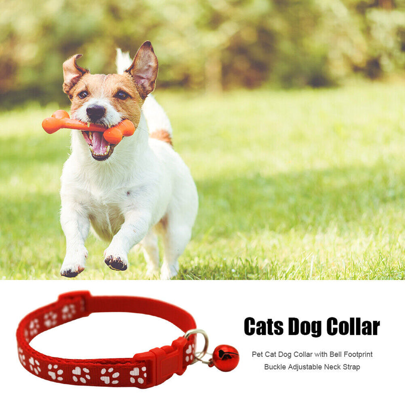 Pet Cat Dog Collar with Bell Footprint Buckle Adjustable Neck Strap (Red) Newly