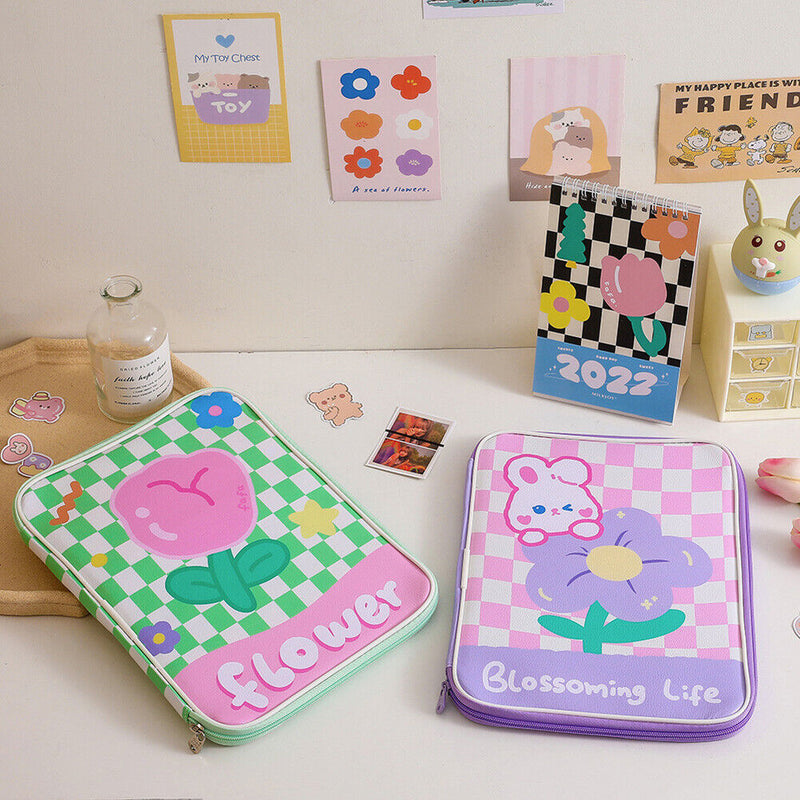 Girl Cartoon PU Checkerboard Pattern Tablet Case Zipper Clutch (Green) Newly