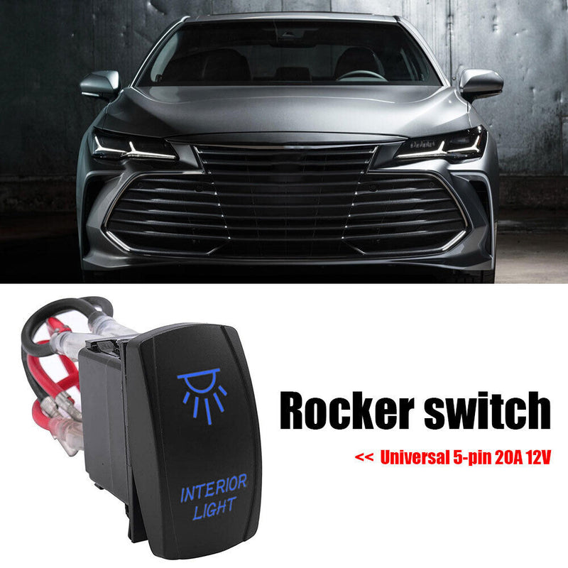 LED Blue INTERIOR LIGHT Rocker Switch with Wires 5-Pin 12V 20 Amp Universal Car