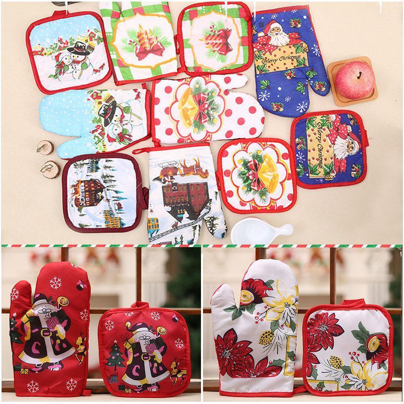 2pcs/set Christmas Home Decoration Glove+Microwave Oven Heat Insulation Pad