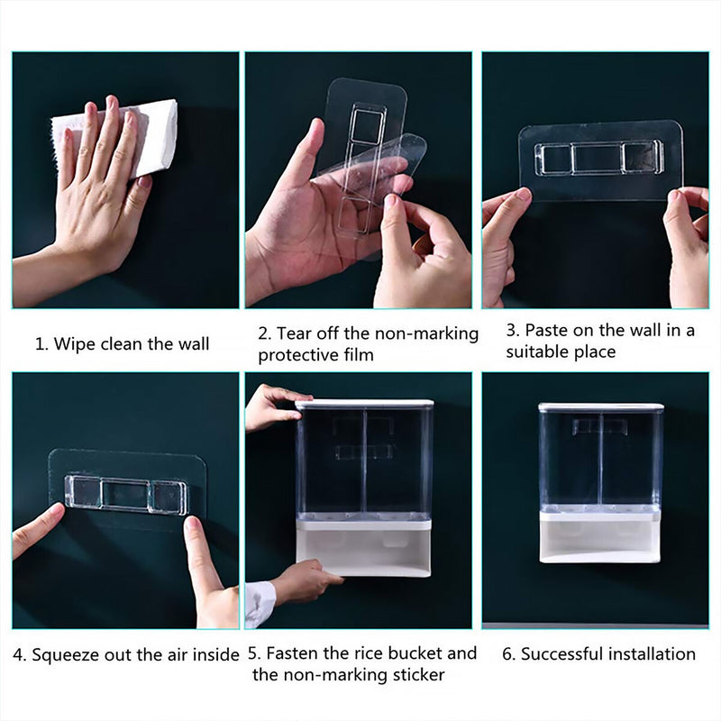 Wall Mounted Dry Food Dispenser Whole Grains Rice Bucket Large 1/2-Grid Storage