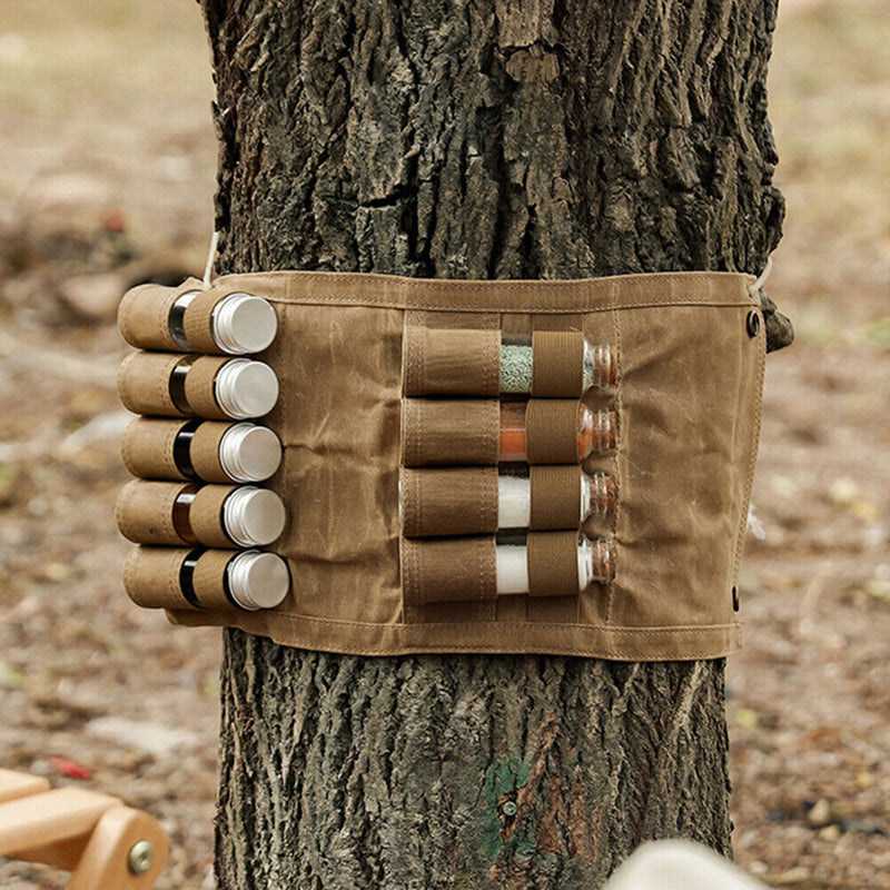 9pcs Camping Small Spice Bottles Set with Storage Bag Glass Jars (Khaki) Newly