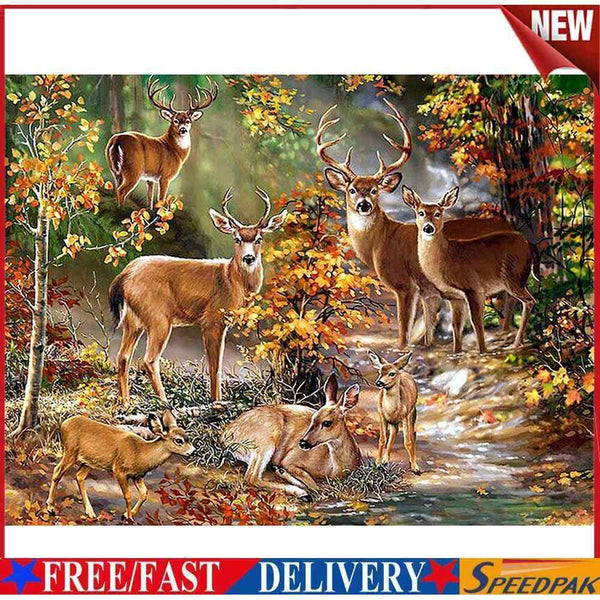 11CT Full Embroidery Forest Deer Herd Cotton Print Cross Stitch Home Decora #F