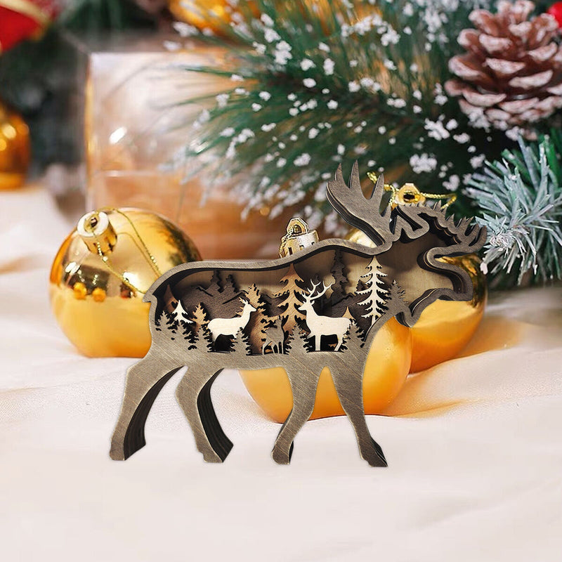 Wooden Ornaments Hollow Multi-Layer Animal Scene Display NO Light (Deer)
