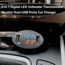 3in1 Car Cigarette 12V Dual USB Charger LED Thermometer Voltmeter Black