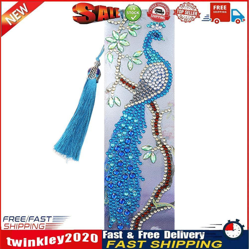 Leather Diamond Painting Special Shaped Tassel Blue Peafowl DIY Bookmark Newly