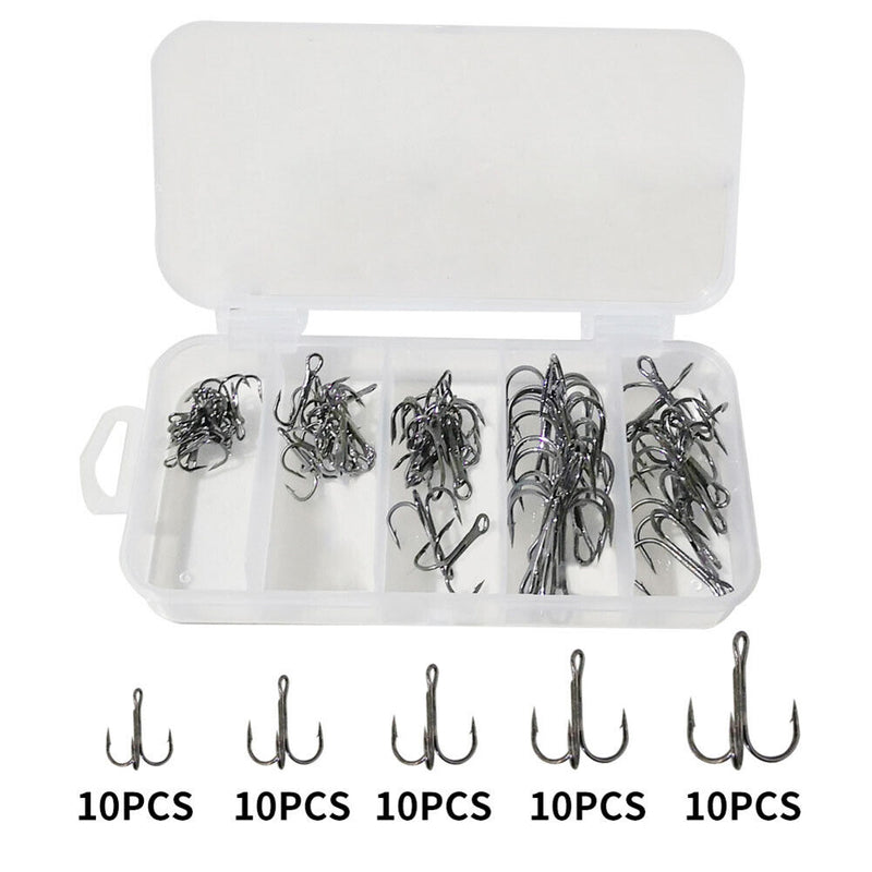 50pcs High Carbon Steel Barbed 3-Claw Fishing Hooks Set Lure Triple Fishhoo