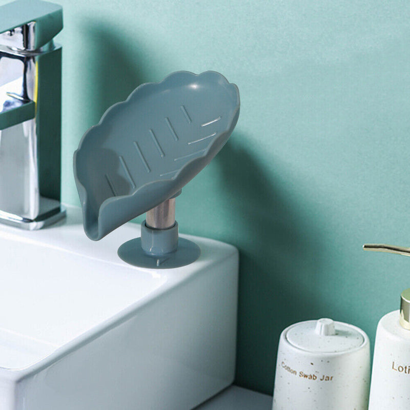 Leaf Shape Soap Drain Holder Punch-Free Toilet Bathroom Tray (Light Blue)