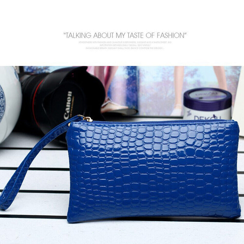 Retro Crocodile Leather Women Clutch Bag Zipper Purse Handbag (Dark Blue)