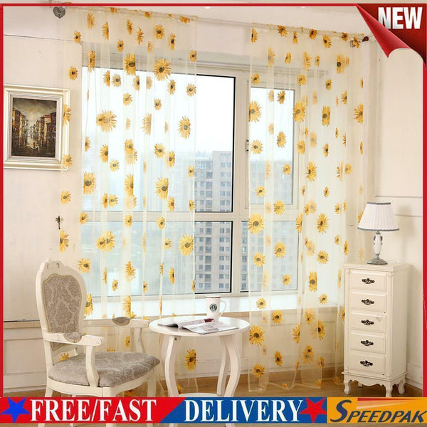 Sunflower Print Window Door Curtain Tulle Curtains for Living Room (Yellow) #F