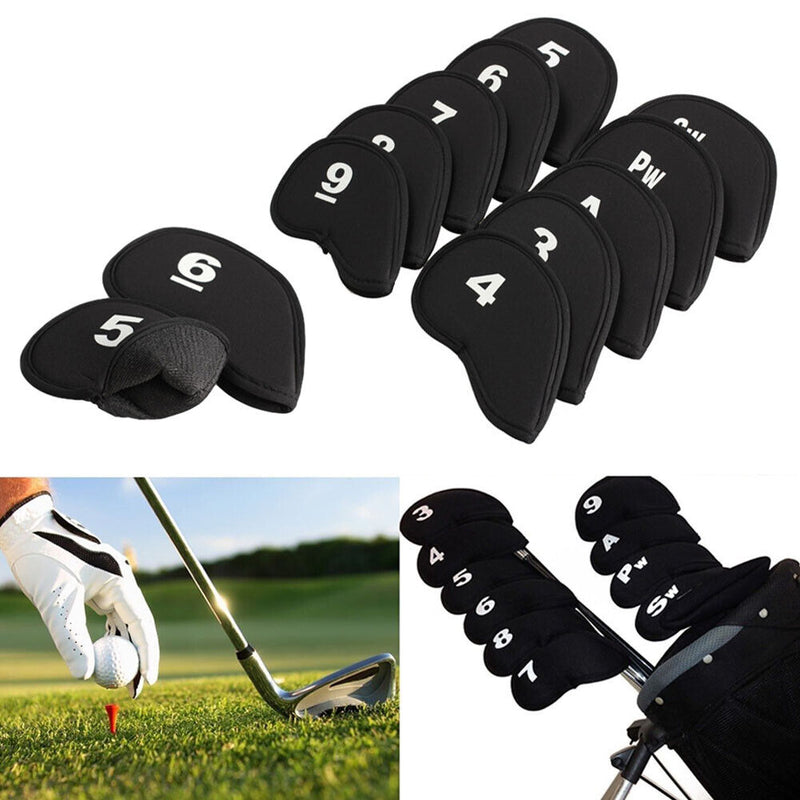 10pcs Golf Head Cover Club Iron Putter Head Protector Set Neoprene Black Newly