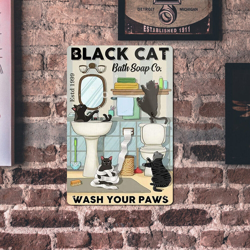 Washroom Black Cat Metal Plate Tin Sign Retro Iron Painting Wall Art Home Poster