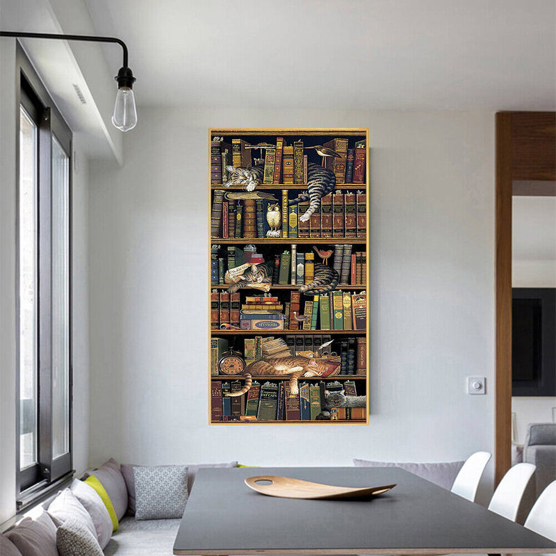 Frameless Oil Paint By Numbers DIY Bookshelf Cat Picture Craft Kit for Home