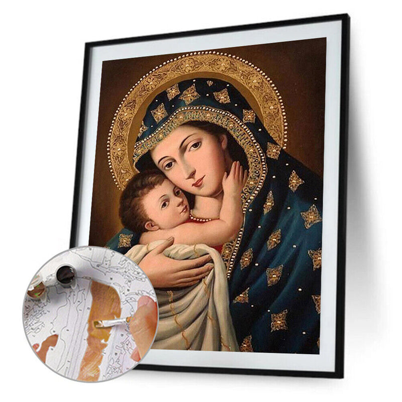 Hand Painted on Canvas DIY Virgin Child Oil Paint By Numbers Drawing Kit Craft