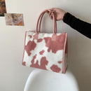Women Leather Plush Print Handbag Winter Retro Large Capacity Tote Shopping Bags