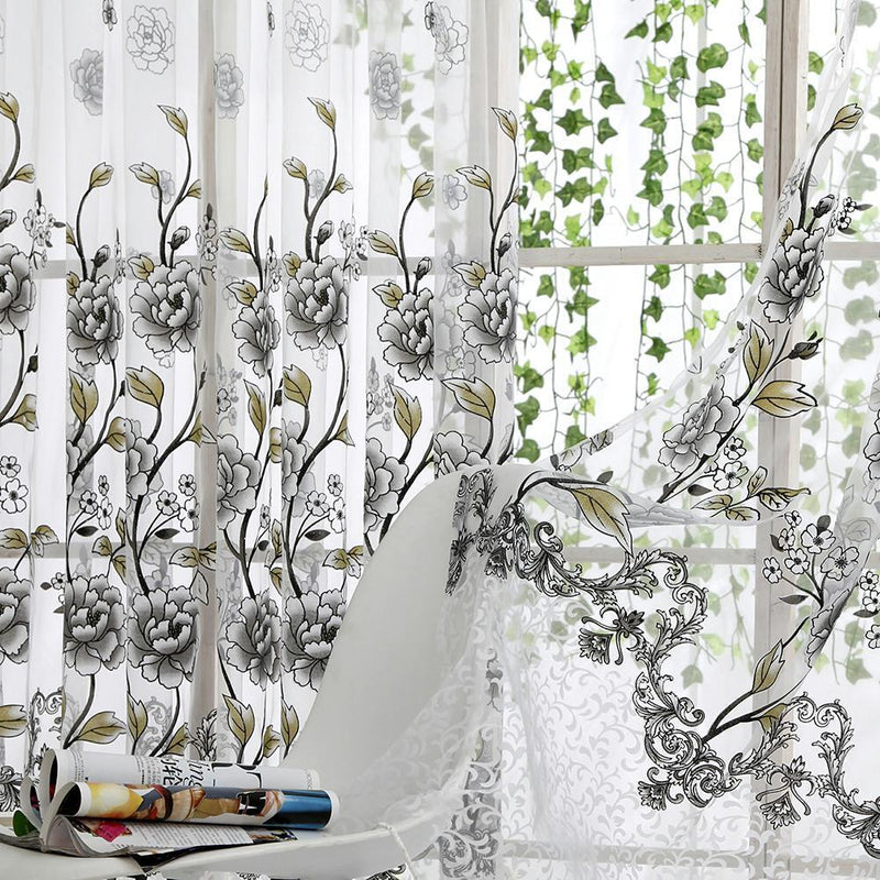 2PCS Peony Curtain Living Room Bedroom Home Door Window Curtain (Grey)