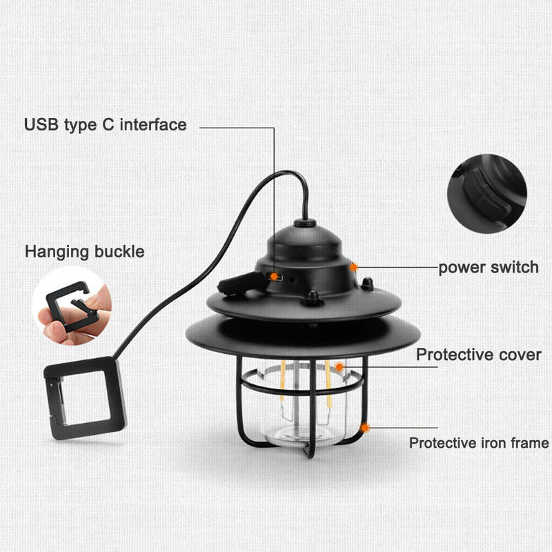 LED Camping Lamp Iron Outdoor Hanging Lantern USB Rechargeable (Short) Newly