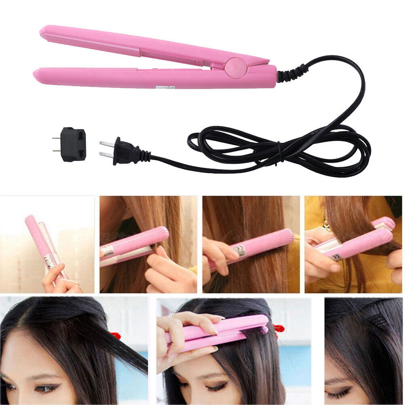 Mini Hair Straightener Flat Iron Curler  Ceramic Tourmaline Plates(Pink) Newly