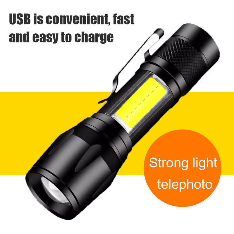 XPE+COB LED Flashlight USB Rechargeable IPX4 3 Modes Emergency Torch Light Newly