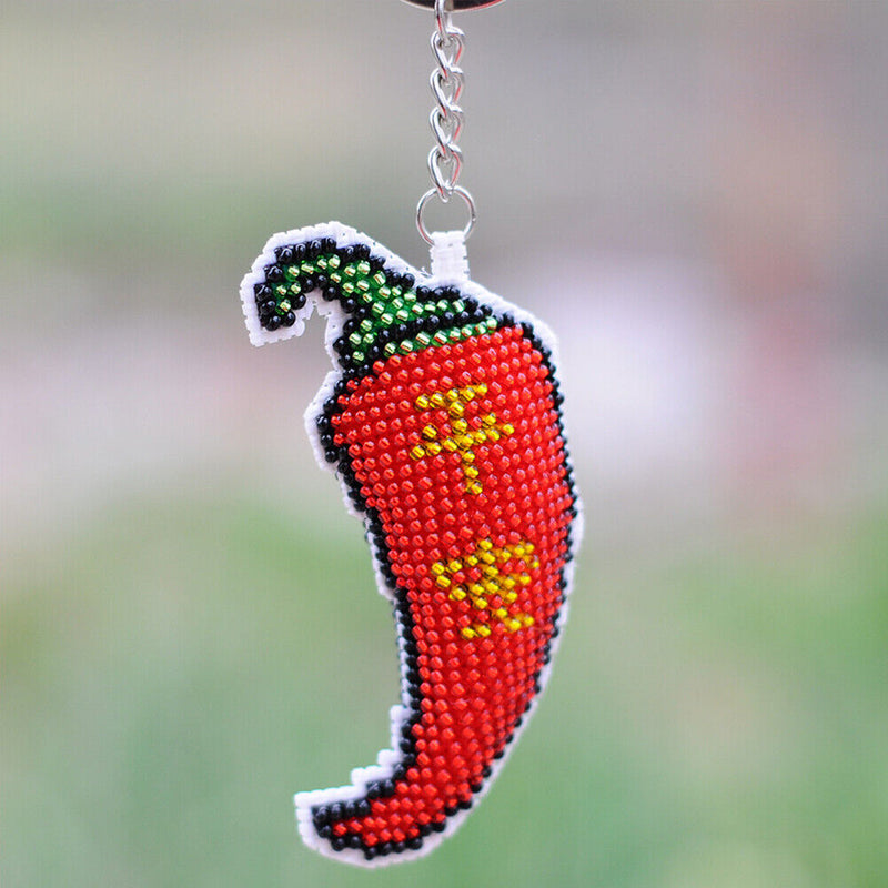 Chili Stamped DIY Full Bead Cross Stitch Keychain Handmade Craft Printed Gifts