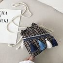 Woolen Shoulder Bag Ethnic Woven Bucket Tassel Crossbody Handbag (Black)