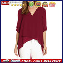Fashion Women V-neck Tops Casual 3/4 Sleeve Pure Color Loose Irregular T-shirt