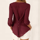Fashion Women V-neck Tops Casual Long Sleeve Solid Color Loose Button T-shirt
